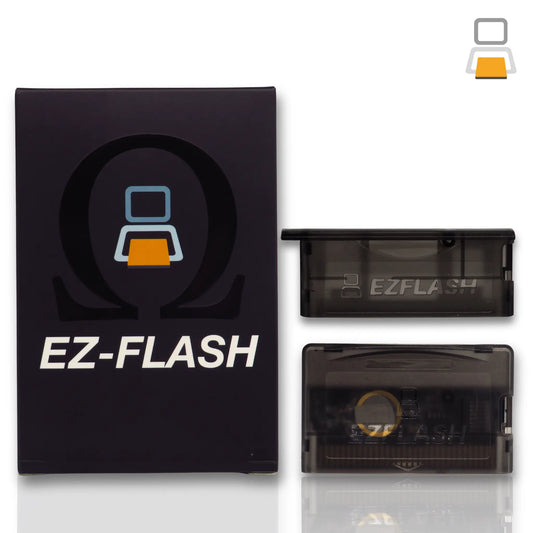 EZ-Flash Omega cartridge with a black box and transparent case on a white background
